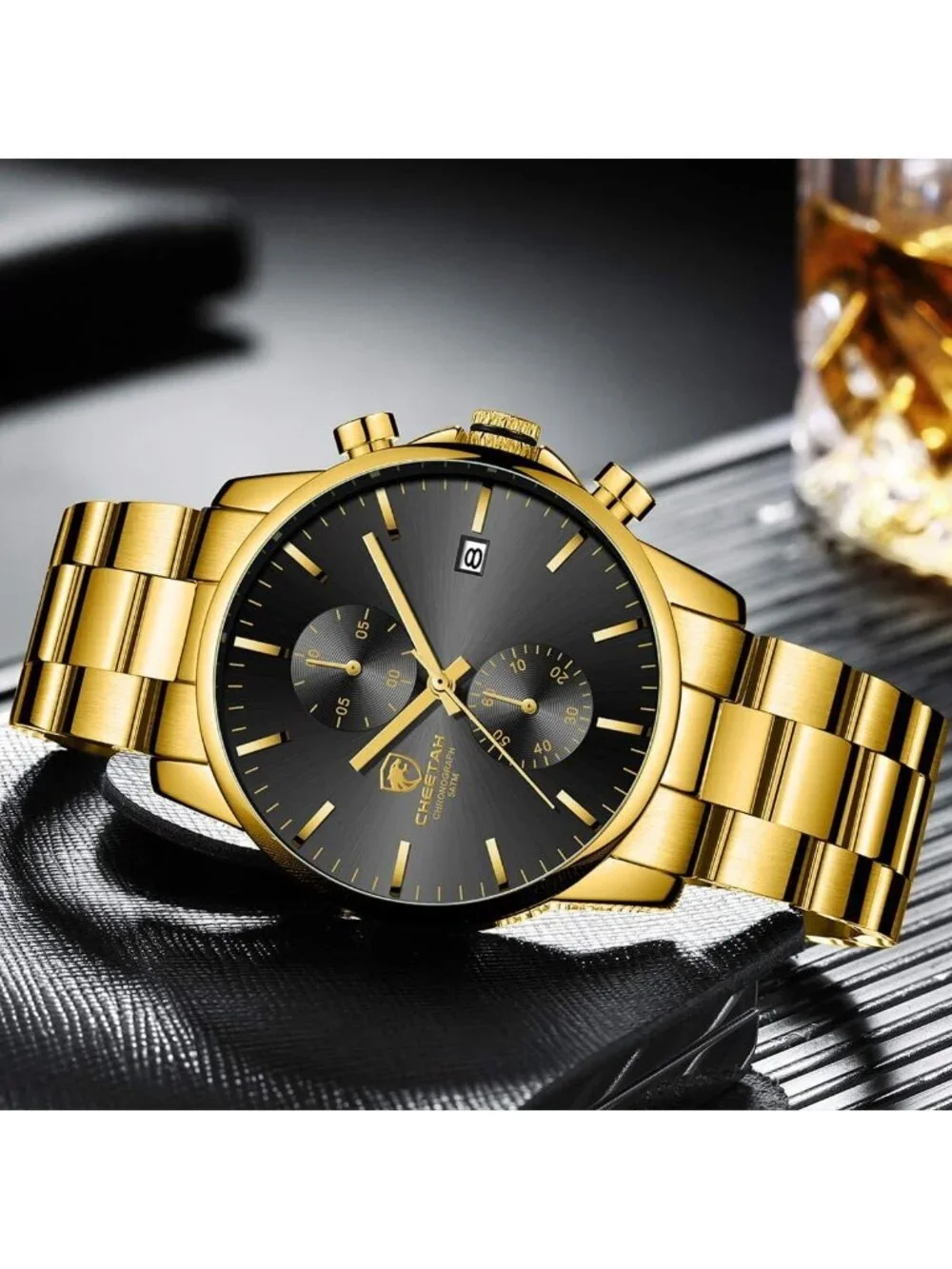 Men's Gold Black Classic Stainless Steel Waterproof Chronograph Quartz Watch